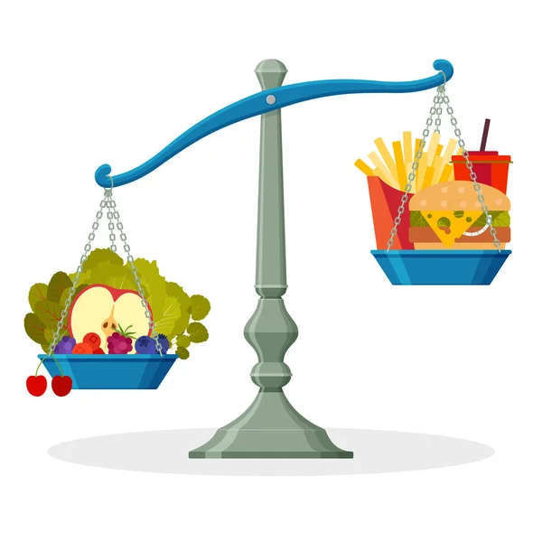 Comida saludable y comida chatarra a escala equilibrada. concepto de estilo de vida saludable — Vector de stock