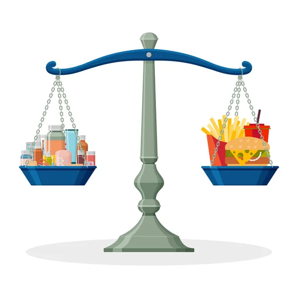 Medicamentos e junk food em escala equilibrada. Conceito de estilo de vida saudável —  Vetores de Stock