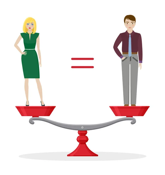 Hombre y mujer en balanza equilibrada. Concepto de igualdad de género — Vector de stock