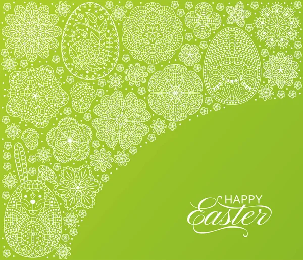 Ευτυχισμένο Πάσχα φόντο. Πρότυπο καλό σχεδιασμό για banner, ευχετήρια κάρτα, φέιγ βολάν. Διακοσμητικό λευκό λαγουδάκι, αυγά και λουλούδια — Διανυσματικό Αρχείο