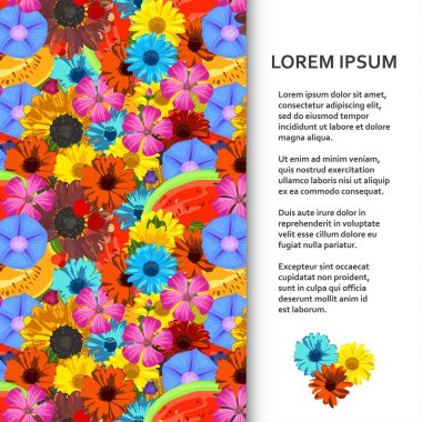 Düz poster veya başlık sayfası şablonuyla gerçekçi parlak çiçek ve meyve