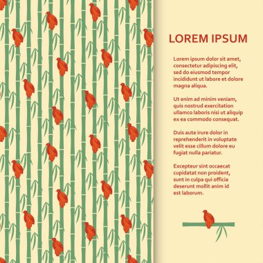 Düz poster veya başlık sayfası şablonu bambu üzerinde oturan serçe ile