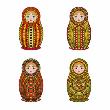 Matrioshka veya iç içe geçmiş bebek üzerinde izole beyaz arka plan ayarlayın. Babushka renkli süs desenleri ile