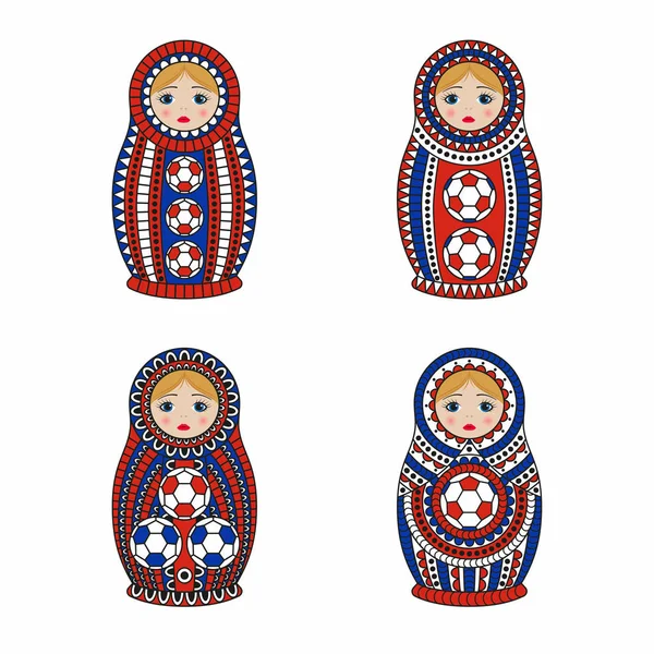 Matriochka ou poupées de nidification mis isolé sur fond blanc. Matroska est peint dans les couleurs nationales de la Russie et a un ornement avec motif de football — Image vectorielle