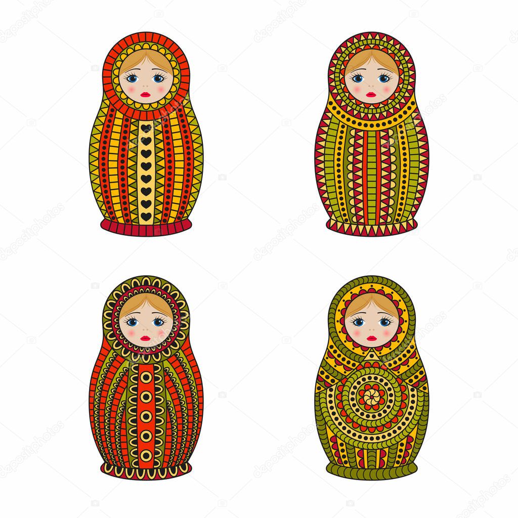 Matrioshka or nesting dolls set isolated on white background. Babushka with colored ornamental patterns