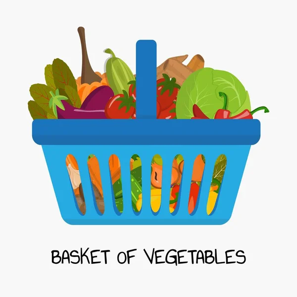 Set van boodschappenmanden en boodschappenkarren met verschillende goederen zoals groenten en fruit. Veganistisch concept. — Stockvector