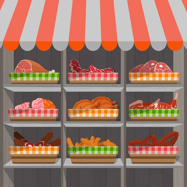 Shopping stands avec des produits de viande dans des paniers. étagères de supermarché avec saucisses et c pilons de poulet, jambon et bacon — Image vectorielle