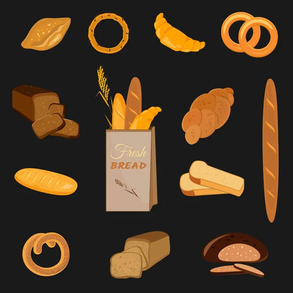 Conjunto de productos de panadería. Trigo, centeno y pan integral. Pretzel y bagel, ciabatta y muffin, croissant y baguette francés, pan largo y tostadas — Vector de stock