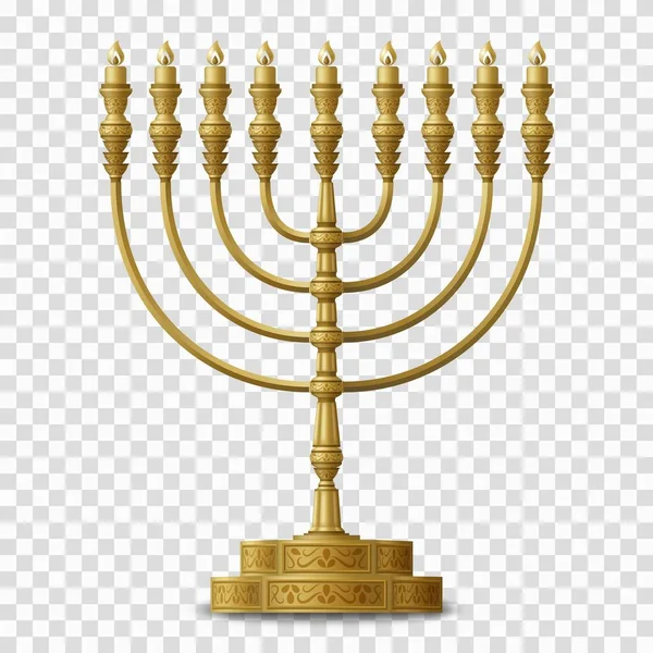 Gold colored Hanukkah menorah, nine-branched candelabrum. Vector illustration. — Stock Vector