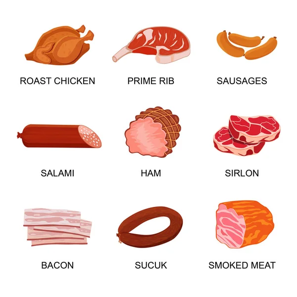 Zestaw produktów mięsnych. Pieczony kurczak i główne żeberka, kiełbasa, salami i szynka, sirlon, bekon, cukier i wędzone mięso — Wektor stockowy