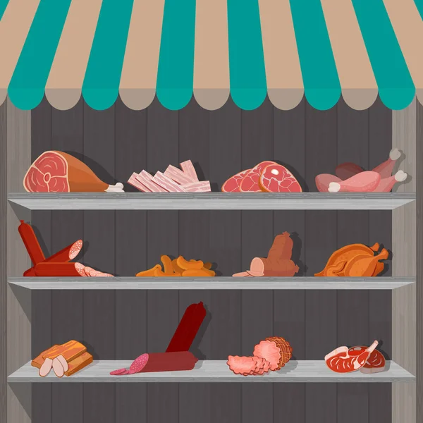 Húsipari termékeket árusító standok. Szupermarket polcok kolbásszal és c csirkecombokkal, sonkával és szalonnával — Stock Vector