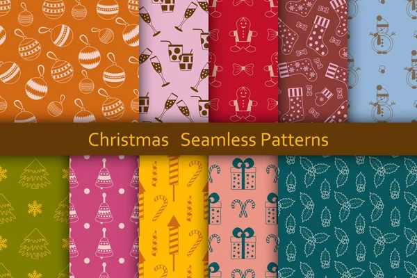 Navidad patrones sin costura conjunto con muchos juguetes de garabato de invierno — Vector de stock