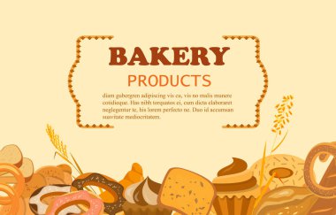 Fırın ürünleriyle pankart. Buğday, çavdar ve tam tahıllı ekmek. Kraker ve simit, ciabatta ve kek, kruvasan ve Fransız ekmeği, uzun ekmek ve tost.