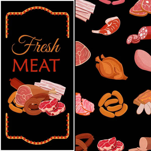 Bannière avec produits de viande. Poulet rôti et côtes levées, saucisse, salami et jambon, sirlon, bacon, sucuk et viande fumée, steak de dinde et de t-bone — Image vectorielle