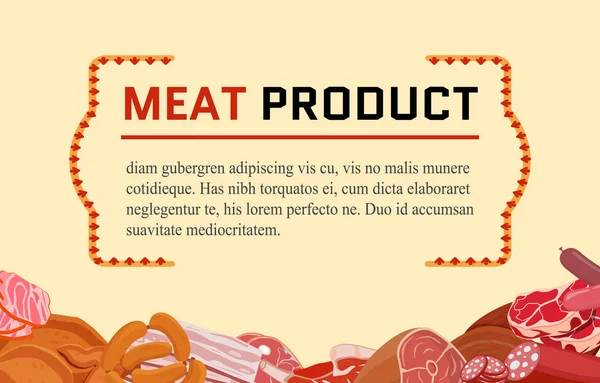 Bannière avec produits de viande. Poulet rôti et côtes levées, saucisse, salami et jambon, sirlon, bacon, sucuk et viande fumée, steak de dinde et de t-bone — Image vectorielle