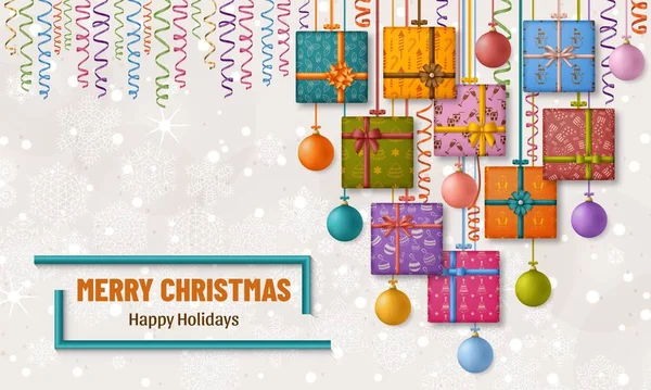 Feliz Navidad fondo con cajas de regalo, cinta, arcos y bolas de Navidad — Vector de stock