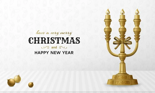 메리 크리스마스 배경 과 행복 한 새해 금구, 선물 상자와 알람 시계. 금빛 전나무와 촛대입니다. 카드와 Xmas 템플릿입니다. 자정 5 분에서 자정까지 — 스톡 벡터