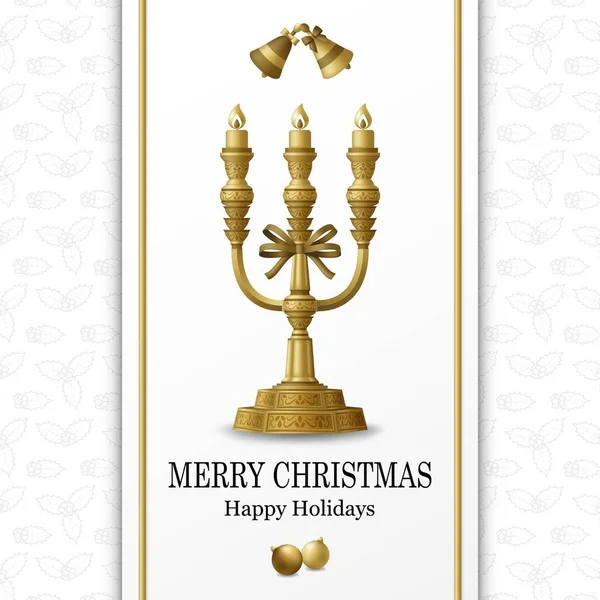 메리 크리스마스 배경 과 행복 한 새해 금구, 선물 상자와 알람 시계. 금빛 전나무와 촛대입니다. 카드와 Xmas 템플릿입니다. 자정 5 분에서 자정까지 — 스톡 벡터
