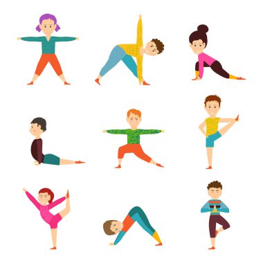 Farklı yoga sınıfındaki çocuklar beyaz arka planda izole bir şekilde poz veriyorlar. Çocukların sağlıklı yaşam kalıpları
