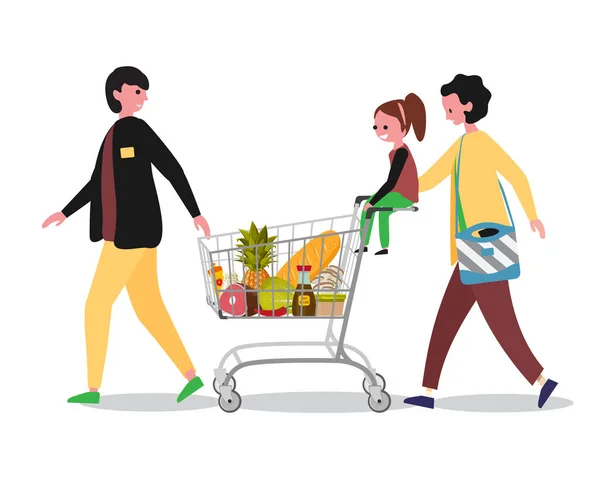 Famille faisant des achats dans le supermarché avec panier. Père, mère et enfant — Image vectorielle