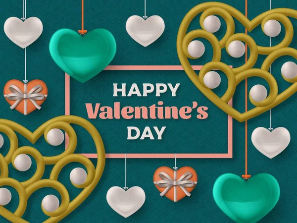 Happy Valentine Day background with glossy hearts. Greeting card and Love template. — Stock vektor