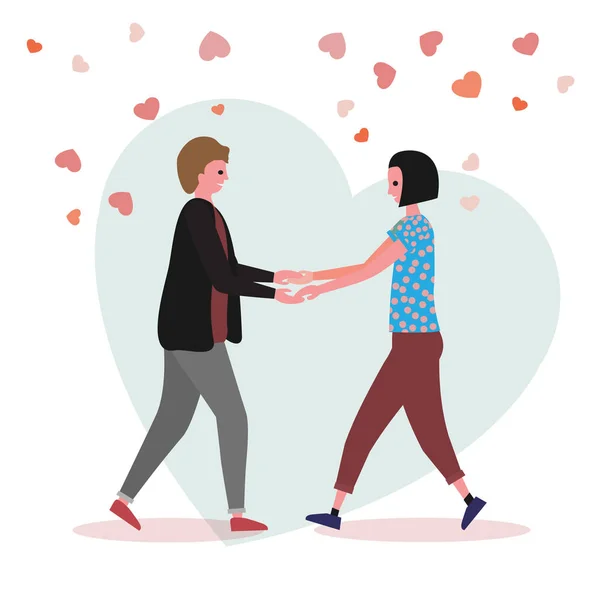 Liefdevol stel op een achtergrond met harten. Valentijn sjabloon. Man en vrouw hand in hand — Stockvector