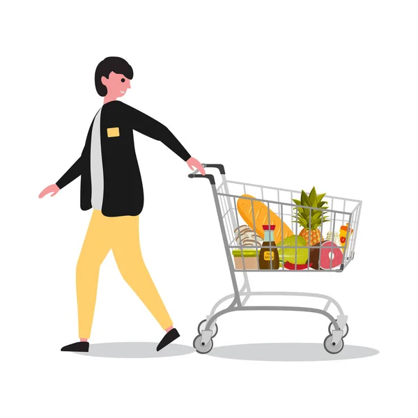 Homme faisant des achats dans le supermarché avec panier — Image vectorielle