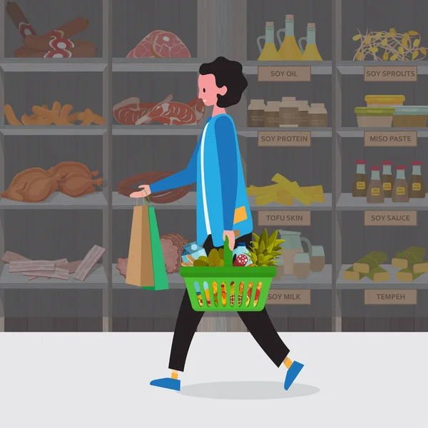 Femme faisant des achats au supermarché avec panier — Image vectorielle