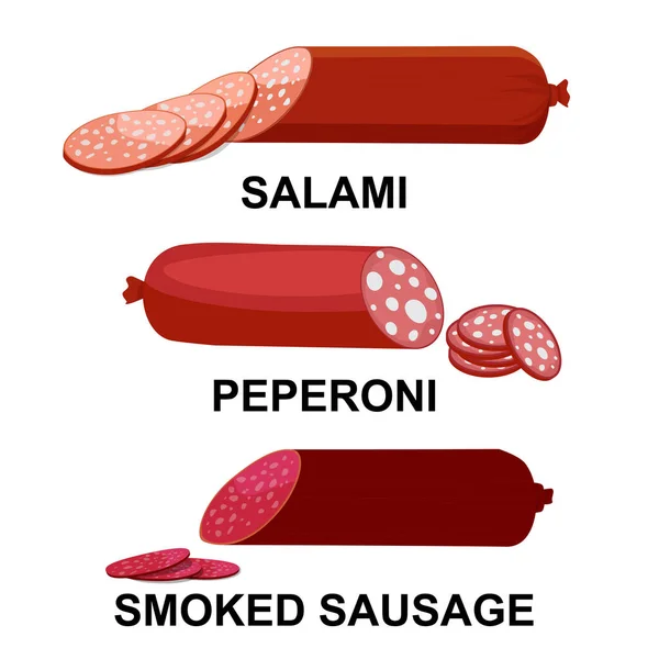 Salami, peperoni and smoked sausage. Collection of meat products. Vector illustration. — Stock Vector