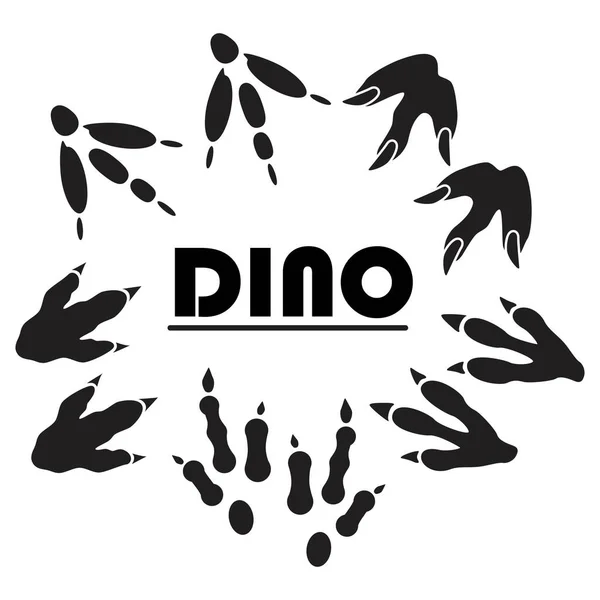 Dinosaur voetafdruk tracks zwart set. Paw, dierlijke monster, oude reptiel — Stockvector
