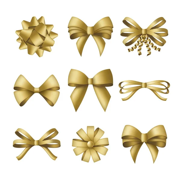 Colección de arcos decorativos dorados. Envoltura de caja de regalo y decoración navideña — Vector de stock