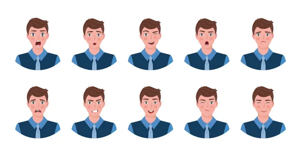 Muchacho atractivo mostrando diferentes expresiones faciales. Ilustración vectorial . — Vector de stock