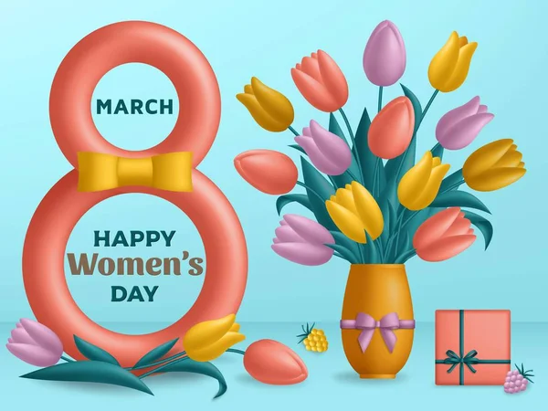 Cute Happy Womens Day background with figure eight and bouquet of tulips — Stock Vector