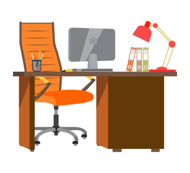 Workplace in office with table, computer, chair and lamp