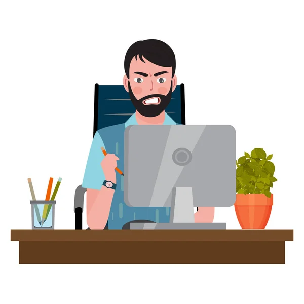 Hombre enojado sentado en una silla de oficina en un escritorio de computadora y mirando al monitor — Vector de stock