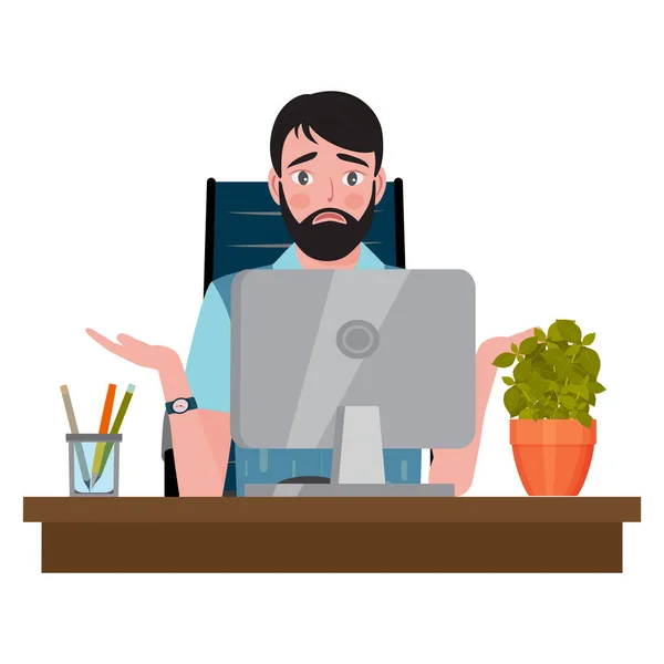 Hombre confundido sentado en una silla de oficina en un escritorio de computadora y mirando al monitor — Vector de stock