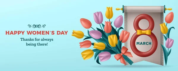 Cute Happy Womens Day background with figure eight and bouquet of tulips — Stock Vector