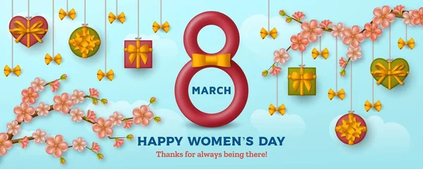 Happy Womens Day background with figure eight, sakura blossom branch and hanging gift boxes against the blue sky with clouds — ストックベクタ