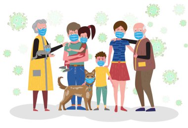 Tıbbi koruyucu maskeli büyük bir aile. Anne ve baba, kız ve oğul, büyükbaba ve büyükanne ve köpekleri. Vektör illüstrasyonu.