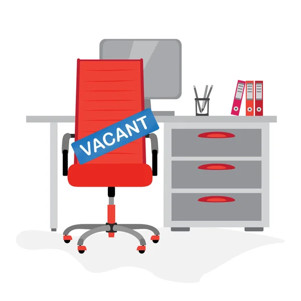 Κόκκινη καρέκλα γραφείου με πινακίδα κενή στο παρασκήνιο με πίνακα υπολογιστή. Πρόσληψη εργασίας, πρόσληψη ή κενή θέση εργασίας. Εικονογράφηση διανύσματος. — Διανυσματικό Αρχείο