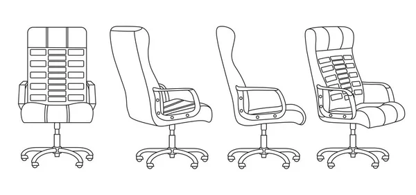 흰색 배경에 서로 다른 위치에 격리 된 사무실 의자 세트. 선 그래픽 아이콘 — 스톡 벡터