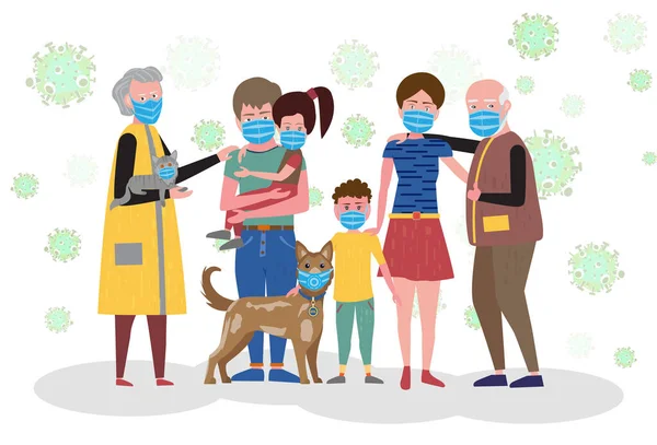 Big family in medical protective masks. Mother and father, daughter and son, grandfather and grandmother and their dog. Vector illustration. Royalty Free Stock Vectors