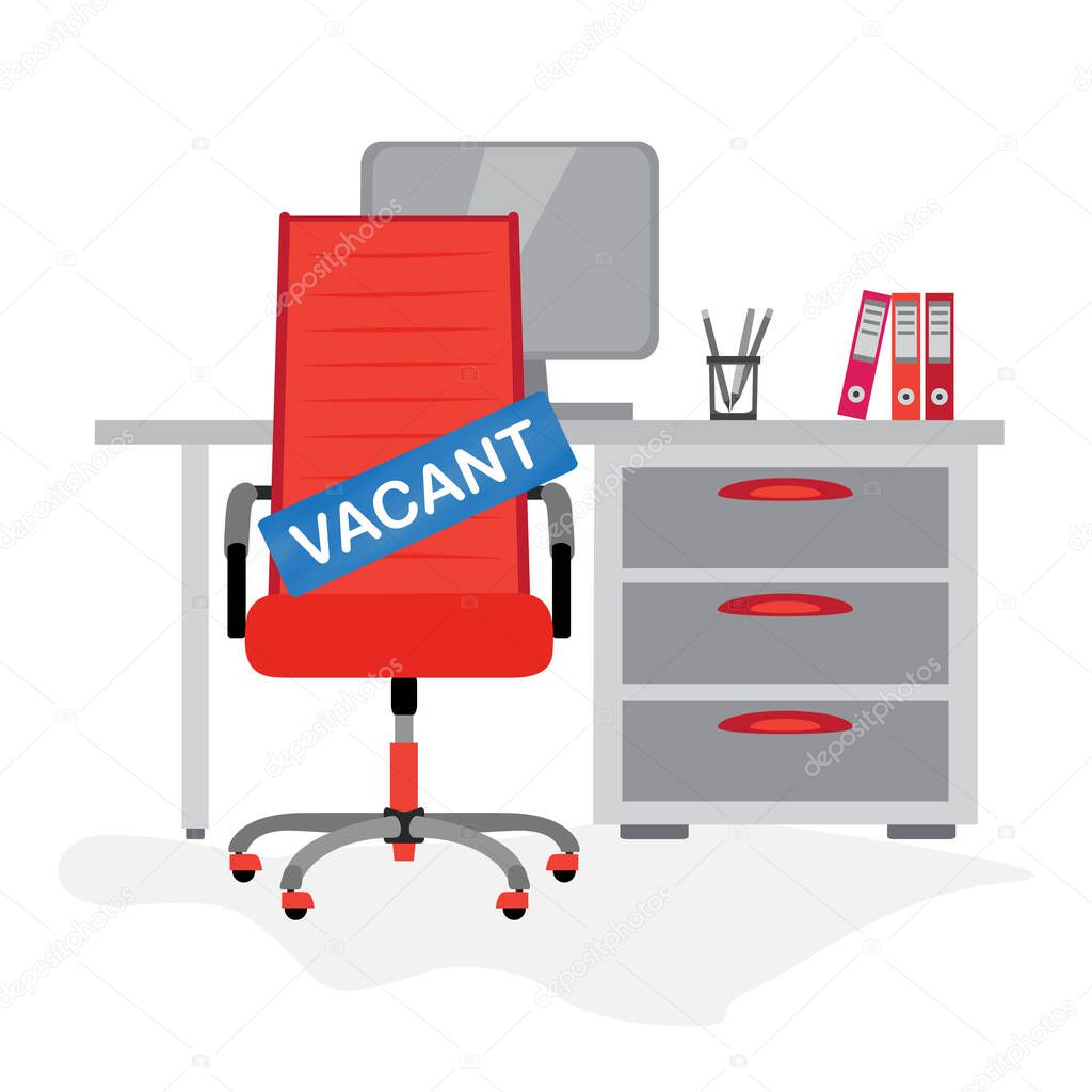 Red office chair with sign vacant on the background with computer table. Hiring job, recruiting or vacancy concept. Vector illustration.