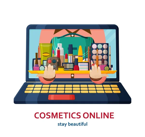 Banner de compras en línea. Prepara el fondo. Concepto de tienda online. Cosméticos decorativos para la cara, labios, piel, ojos, uñas, cejas y bellezna — Vector de stock