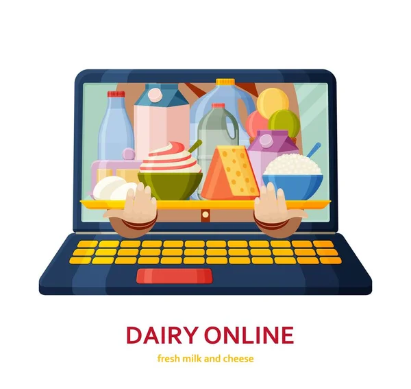 Banner de compras en línea. Fondo de productos lácteos. Concepto de tienda online. Leche y queso frescos — Archivo Imágenes Vectoriales