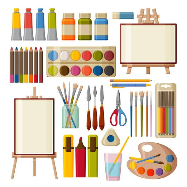 絵具セット。水彩、ガッシュオイル、アクリル絵具。フェルトチップペン、塗装用の色鉛筆とブラシ。テーブルと床のイーゼル — ストックベクタ