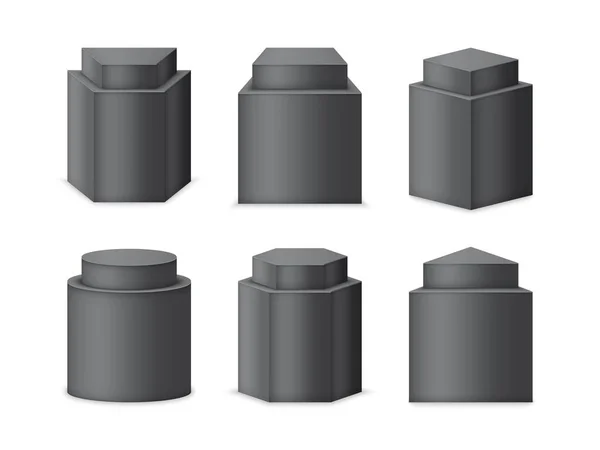 Pedestales listos. 3d podios realistas o soportes. Diferentes formas geométricas como cubo, prisma o cilindro — Archivo Imágenes Vectoriales