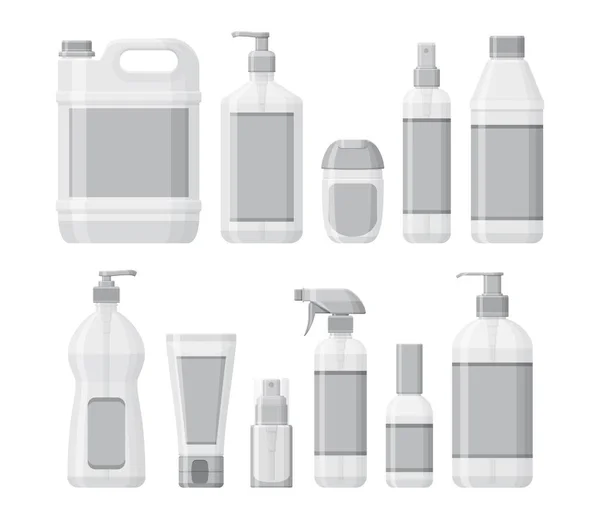 Set de frascos con antiséptico y desinfectante de manos. Lavado de gel y spray. Equipos de protección personal durante la epidemia. Mockup contenedores para líquidos — Archivo Imágenes Vectoriales