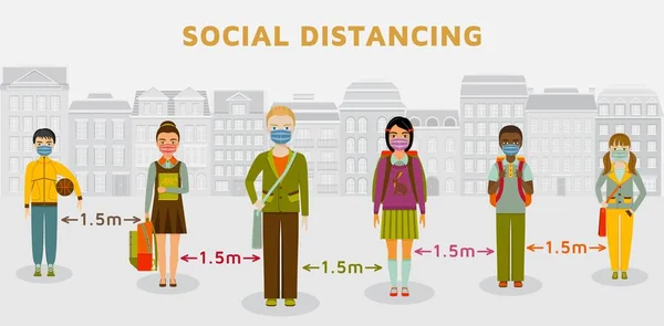 Социальное дистанцирование. Люди практикуют социальную дистанцию 1,5 метра в общественном месте, чтобы предотвратить распространение вируса Ковид-19. Все в медицинской маске — стоковый вектор