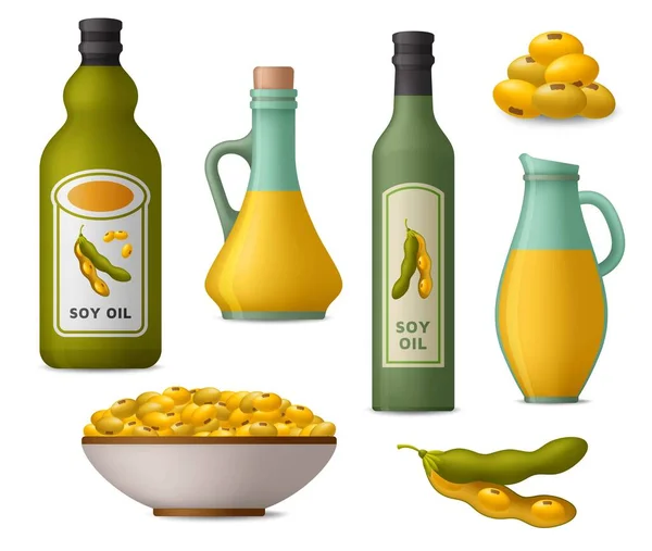 Conjunto de ícones de óleo de soja e soja —  Vetores de Stock
